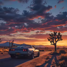 the car is going down the road with the sunset in the background