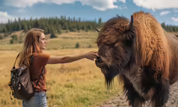 a woman touches the face of an animal