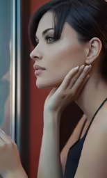 a woman standing up in front of a window