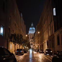 a night scene in a big city with a tower that has a domed dome on top