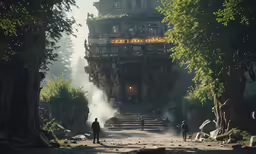 a couple of people standing on a path near a building