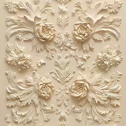 a white floral design on the side of a wall