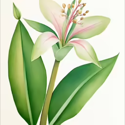 a painting of a plant with green leaves and pink flowers