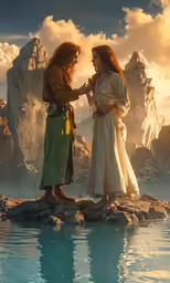 two women looking at something while standing next to each other on rocks