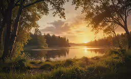the sun shining through the trees over a pond
