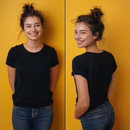 a picture of an girl with a ponytail standing,two young women wearing black clothes and one is smiling