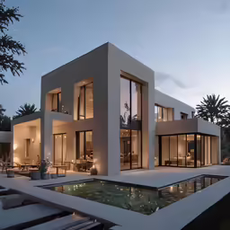 this modern house has glass walls and multiple levels