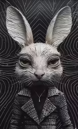 a white rabbit wearing a suit in front of an artistic background