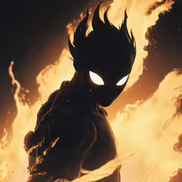 a man with glowing eyes standing in front of fire