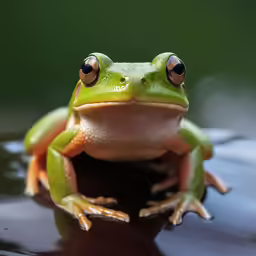 a frog is perched on top of a puddle