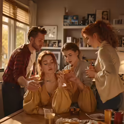 several people standing around a woman sitting in front of a glass