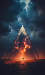 a large triangle with flames around it in front of a dark sky