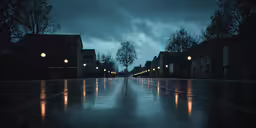 a city street at night with lights on and rain puddles