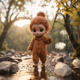 a doll standing on a rock next to a stream