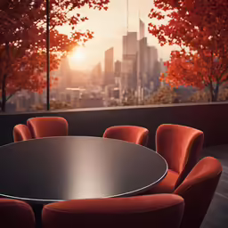 large round black table with five orange chairs on it