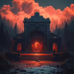 an old castle with a fire light shining down on it