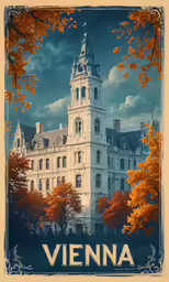 a poster of an old building in autumn
