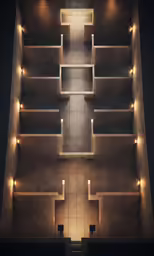 a stairway lit up with several shelves and lights