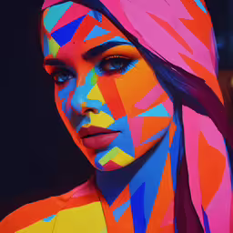the colorful portrait of a girl with long hair,the woman with colorful makeup is shown in an artistic photograph