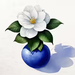 a painting of a white flower with green leaves
