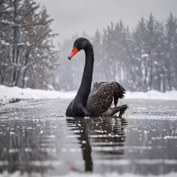 a black swan sits in a river next to trees