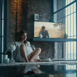 a woman sitting on the floor in front of a tv