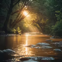 the sun shines down on a quiet river