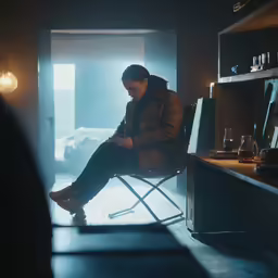 a man sitting down while looking down at his cell phone