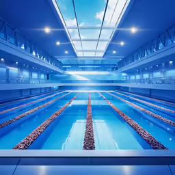 the inside of a swimming pool is blue with lights