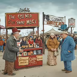two men are standing in front of a beer stand