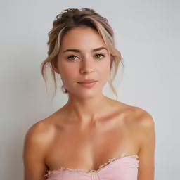 a woman in pink strapless bra, poses for a photo
