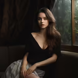 a woman with long hair sitting on a couch