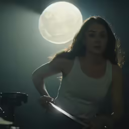 a young lady is standing by a spotlight