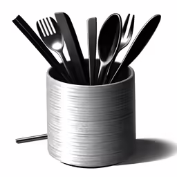 forks and spoons in a cup with a white background