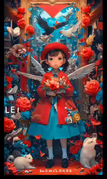 a woman in a red jacket with a bouquet in hand
