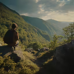 a person with a backpack standing on top of a hill