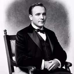 man in black suit and bow tie sitting in a chair