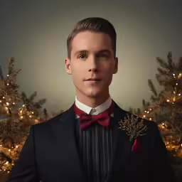 a man with a red bow tie and a black suit jacket in front of christmas trees
