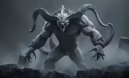 a monster with white demonish head and long horns