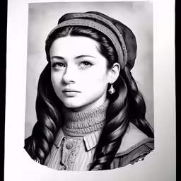 a drawing of a woman with long hair wearing a hat and sweater