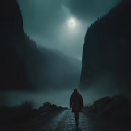 a man walking away from the camera, with a forest background, in the distance, a dark sky