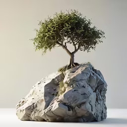 a small tree on top of an old rock