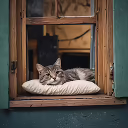 a cat lying in an open window on top of a pillow