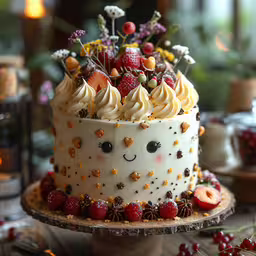 a cake topped with whipped cream and lots of fruit,this cake is decorated with white icing and fruit, berries, and flowers
