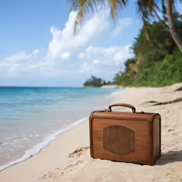 a piece of luggage sitting on top of a sandy beach