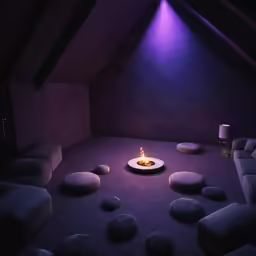 the room is dimly lit by the candle on the table
