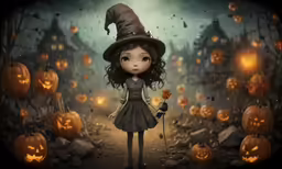 there is a girl with a broom and pumpkins
