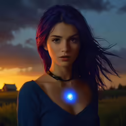 a girl with a glowing necklace in the field