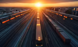 a train yard with trains and other rail road tracks