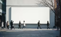 pedestrians walk past a large billboard on a city street